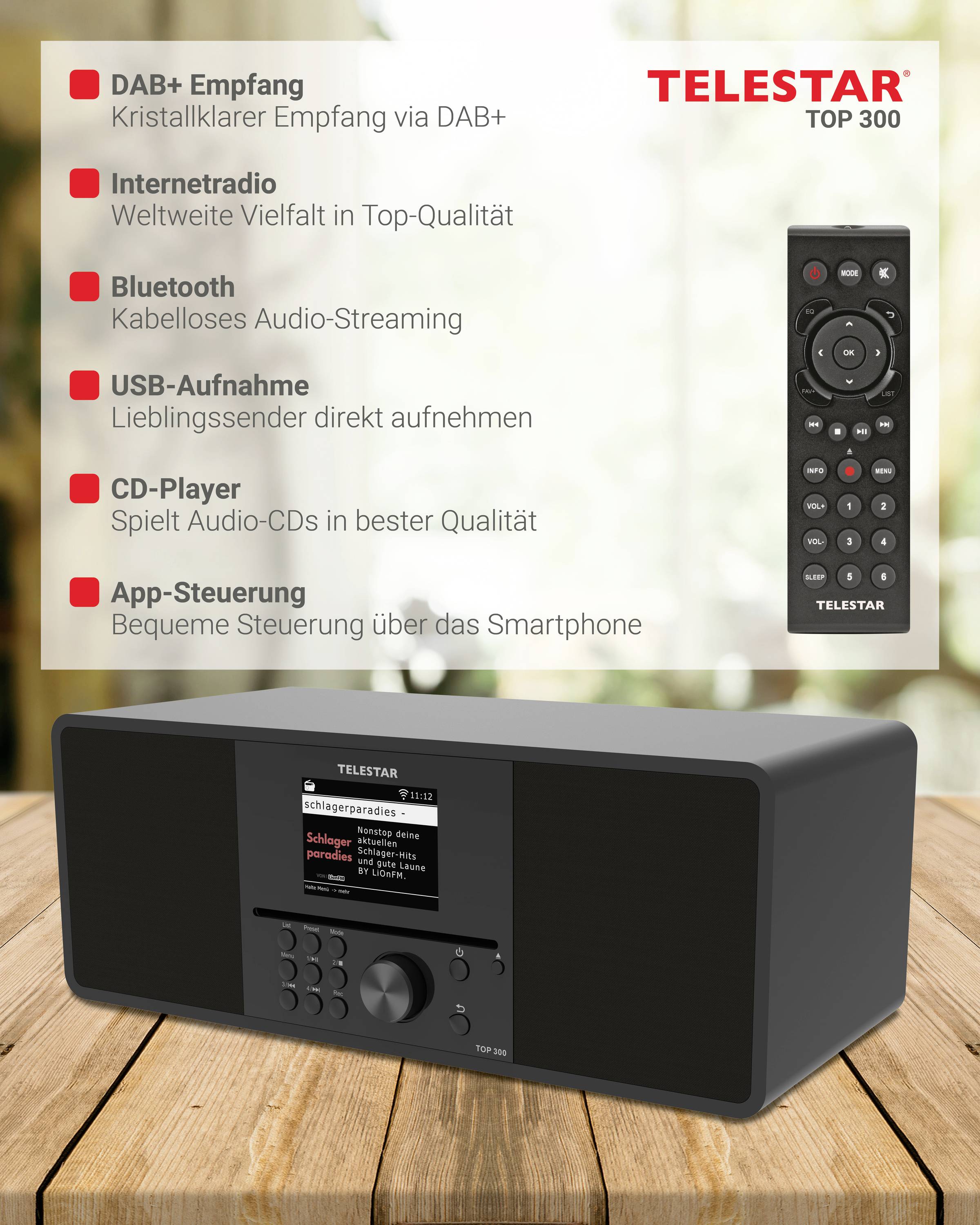 Radiofoniczny sprzęt z licznymi funkcjami, takimi jak odbiór DAB+, radio internetowe, Bluetooth, nagrywanie przez USB, odtwarzacz CD i sterowanie aplikacją.