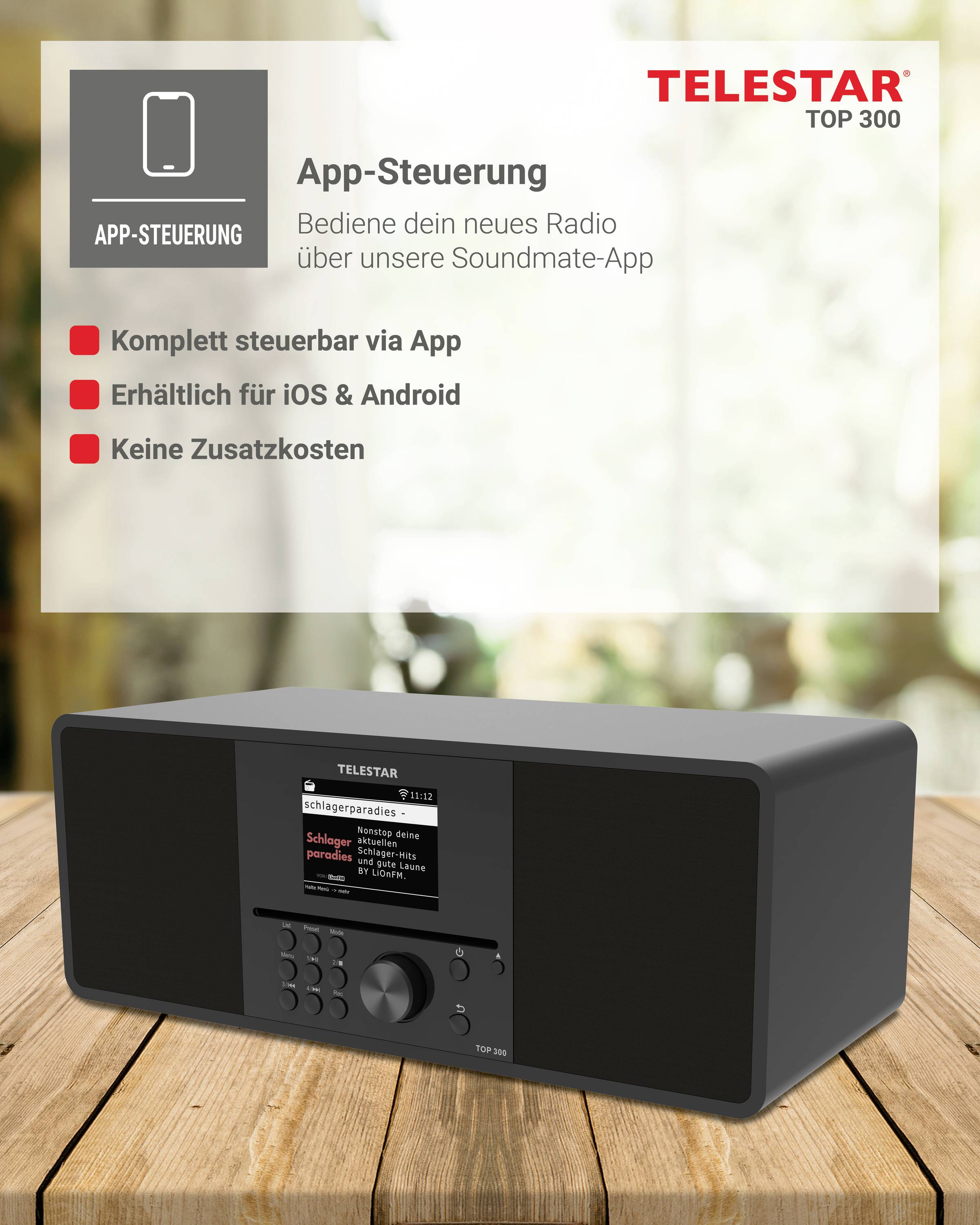 Radio na drewnianym stole, reklamowane z funkcją sterowania przez aplikację na iOS i Android bez dodatkowych opłat. Tekst podkreśla możliwość kontrolowania za pomocą aplikacji.