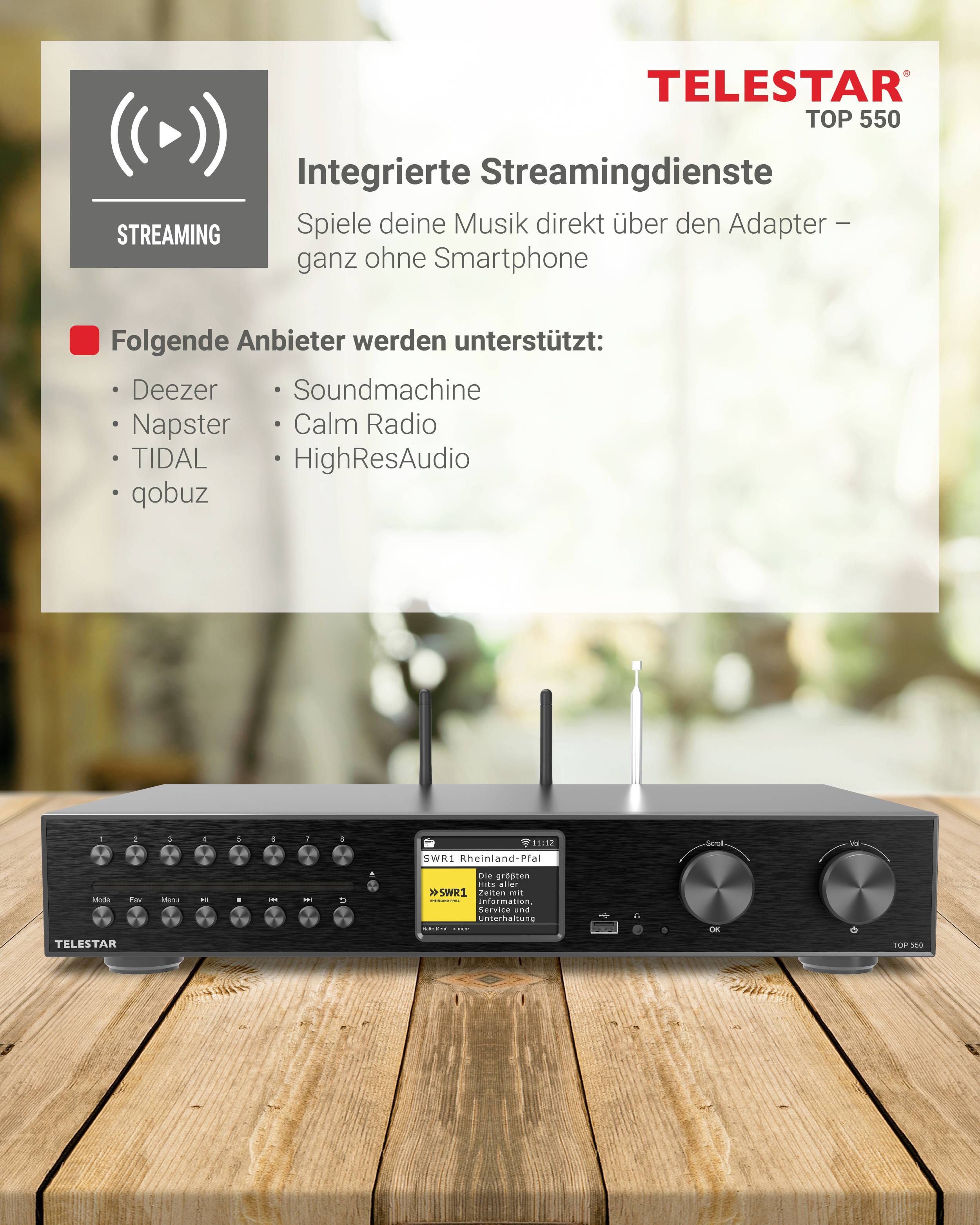 Zintegrowane usługi streamingowe na adapterze audio. Obsługuje Deezer, Napster, TIDAL, qobuz, Soundmachine, Calm Radio, HighResAudio.