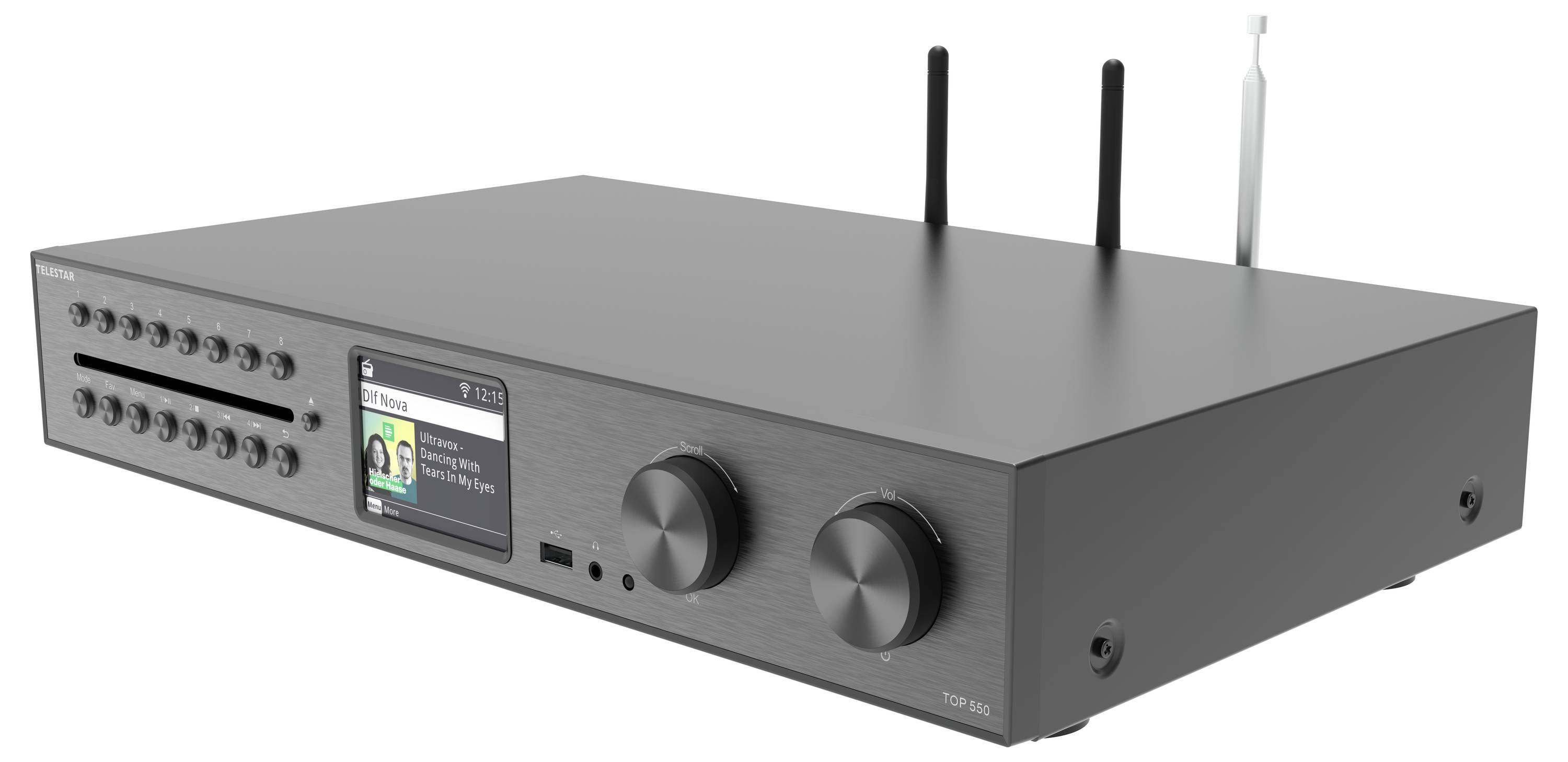 Elegancki czarny odbiornik audio z podwójnymi antenami, wieloma przyciskami sterującymi oraz wyświetlaczem cyfrowym pokazującym dwóch ludzi i tekst.