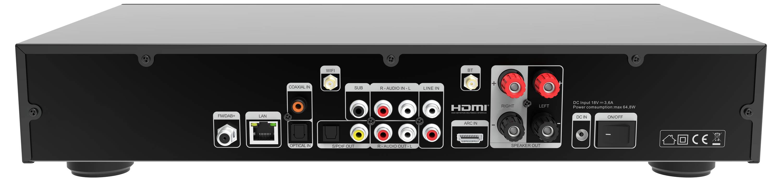 Obraz przedstawia tylny panel urządzenia elektronicznego z portami HDMI, optycznymi, Ethernet oraz kolorowymi złączami audio stereo.