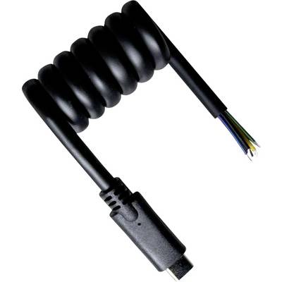 Spiralny czarny kabel z wtyczką USB-C na jednym końcu i odkrytymi przewodami na drugim końcu.