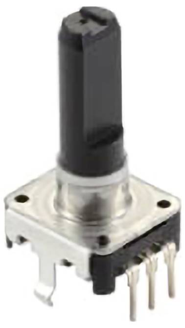 Czarny enkoder obrotowy z metalową podstawą i wieloma pinami, używany do wprowadzania sygnałów w urządzeniach elektronicznych, na białym tle.