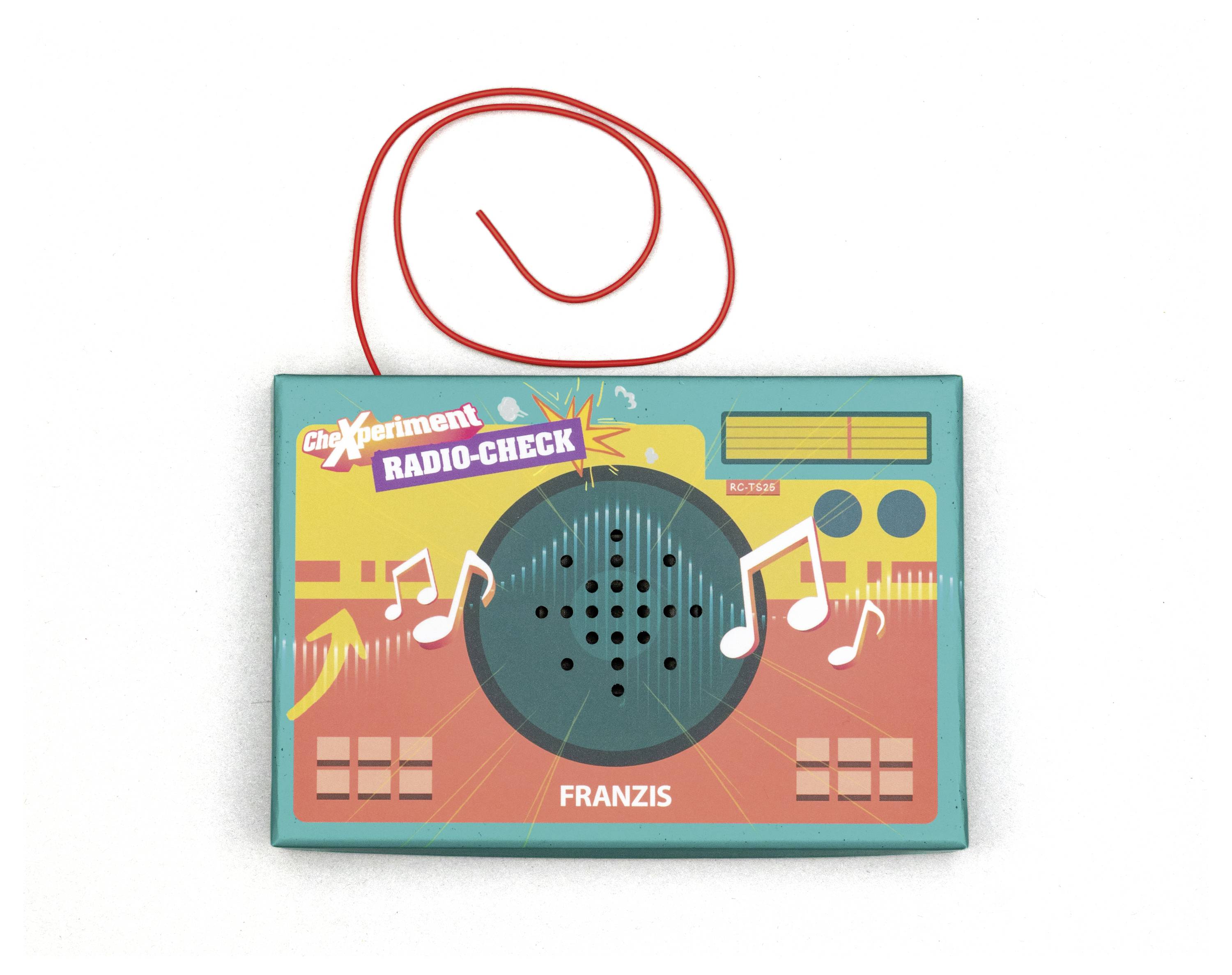 Zestaw 'CheXperiment Radio-Check firmy Franzis' charakteryzuje się kolorowym, retro designem radia z nutkami muzycznymi i widocznym głośnikiem.