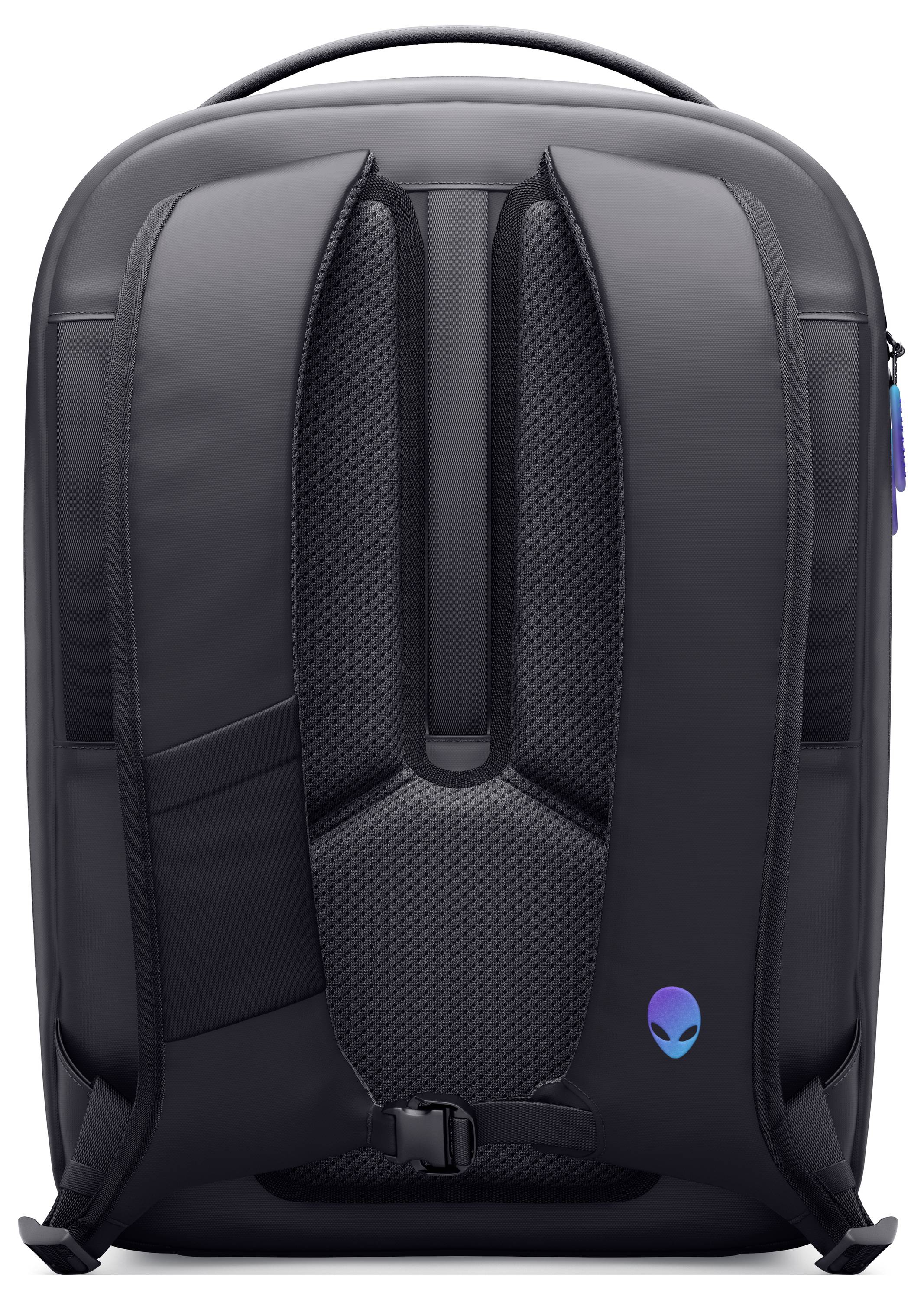 Smukły czarny plecak z logo obcego w pobliżu dolnej krawędzi, wyposażony w wyściełane, regulowane paski oraz teksturowany panel tylny zapewniający komfort.