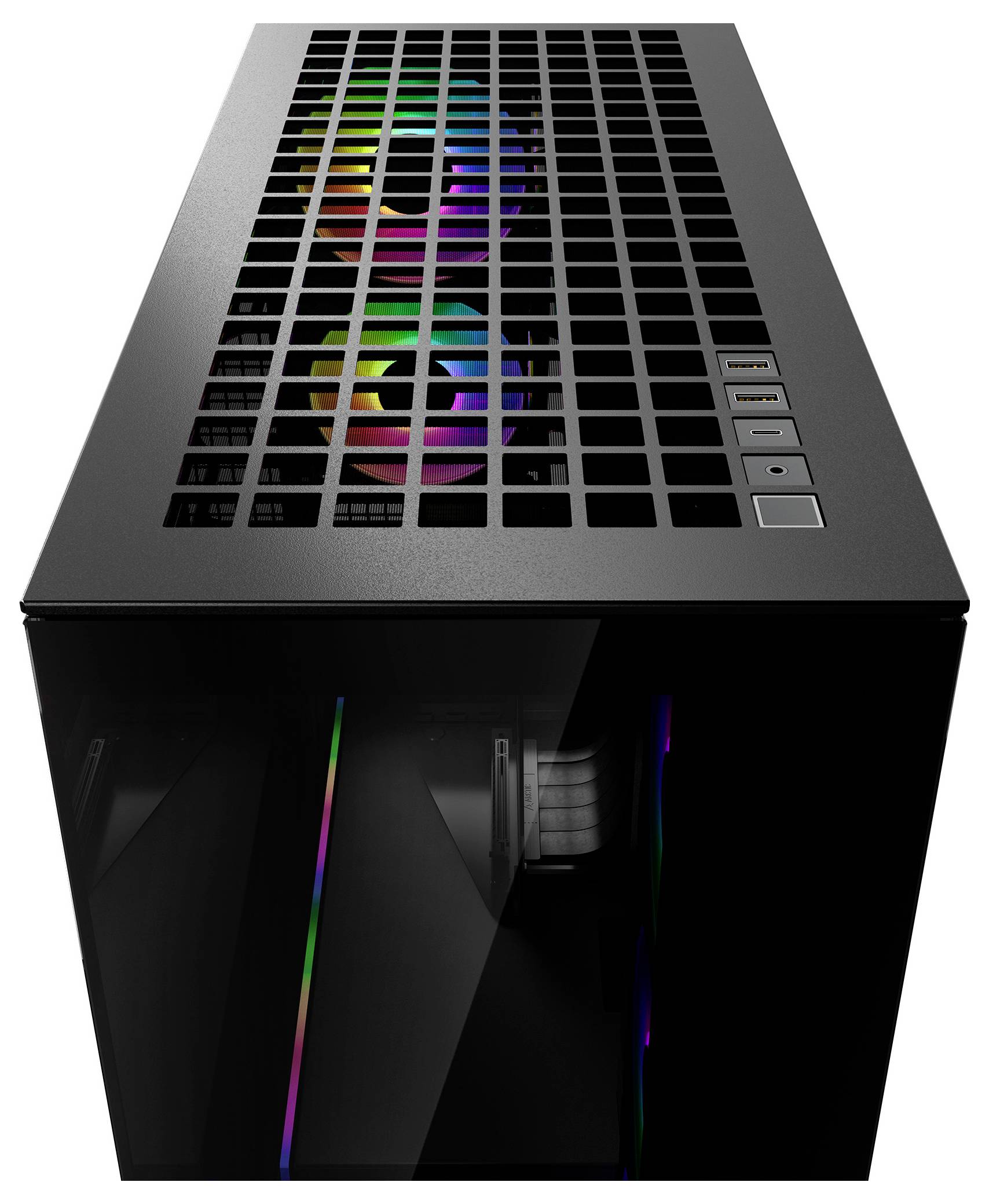 Czarna obudowa komputera z górnym panelem siatkowym, odsłaniającym kolorowe podświetlenie RGB wentylatorów wewnątrz, wyposażona w przednie przyciski zasilania i resetowania.