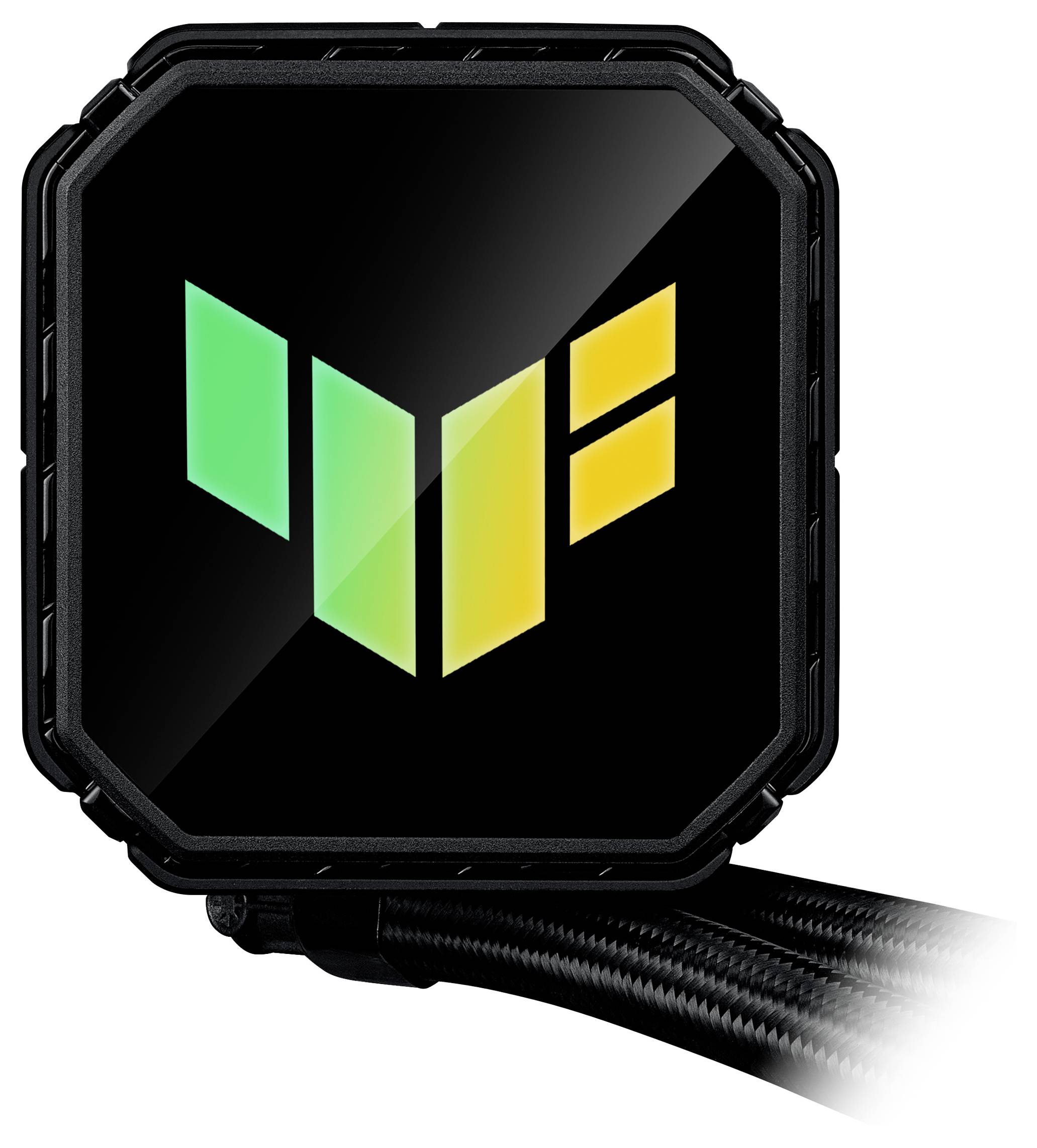 Komponent komputerowy o gładkiej, kwadratowej powierzchni, z eleganckim logo w zielono-żółtych kształtach. Element systemu chłodzenia.