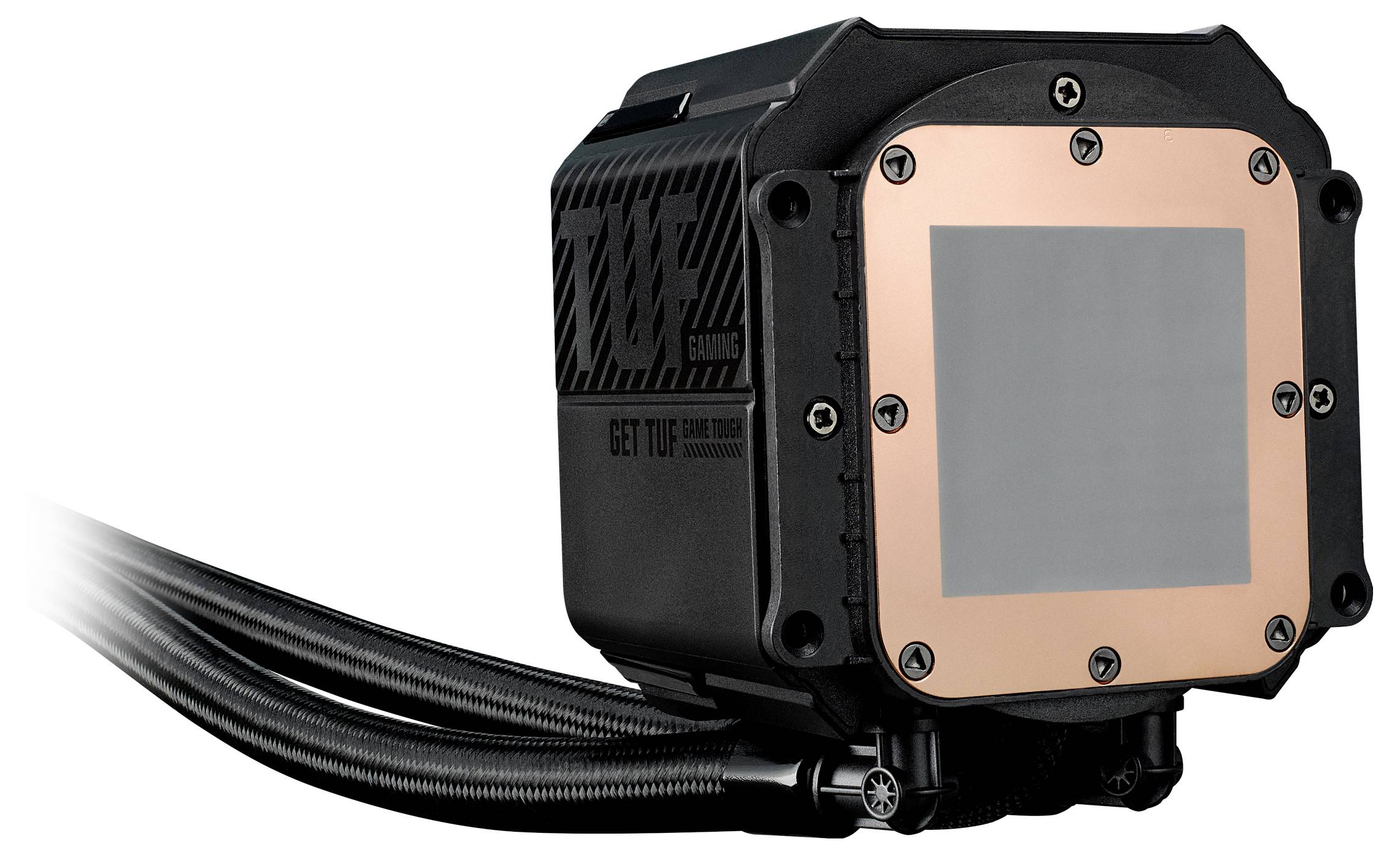 Zbliżenie pompy chłodzenia cieczowego procesora z miedzianą podstawą, przeznaczonej do odprowadzania ciepła z procesora, przedstawiające podłączone węże.