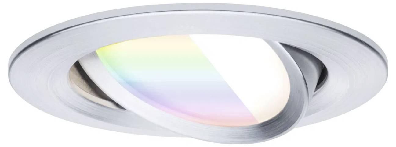 Nowoczesna, okrągła lampa sufitowa LED z metalową ramą, wyświetlająca subtelny gradient kolorów tęczy na swojej powierzchni.