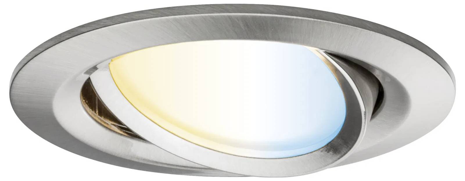 Okrągła, wpuszczana oprawa sufitowa z regulowanymi żarówkami LED, emitująca gradientowe światło od ciepłego do chłodnego. Eleganckie, srebrne wykończenie.
