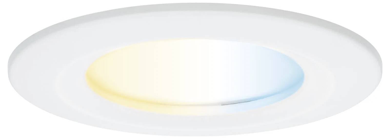 Okrągła lampa sufitowa LED z podwójnym oświetleniem w kolorach białym i niebieskim, osadzona w białej ramie, sugerująca nowoczesny design i energooszczędność.