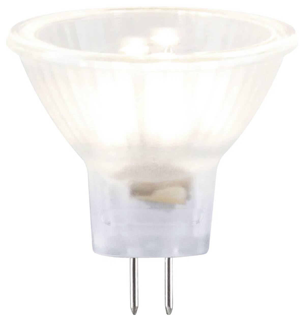 Przejrzysta żarówka LED spotlight o żebrowanej plastikowej obudowie z dwoma metalowymi stykami u podstawy, stosowana w energooszczędnym oświetleniu.