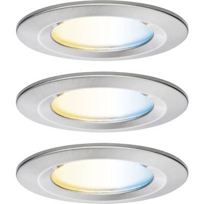 Trzy okrągłe lampy LED w srebrnych oprawach, każda emitująca inny odcień bieli: ciepły biały, neutralny biały i chłodny biały.