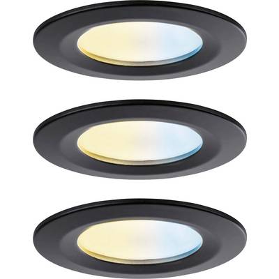 Trzy okrągłe sufitowe lampy LED w czarnej obudowie, każda wyświetlająca inną temperaturę światła: ciepłą, neutralną i chłodną.