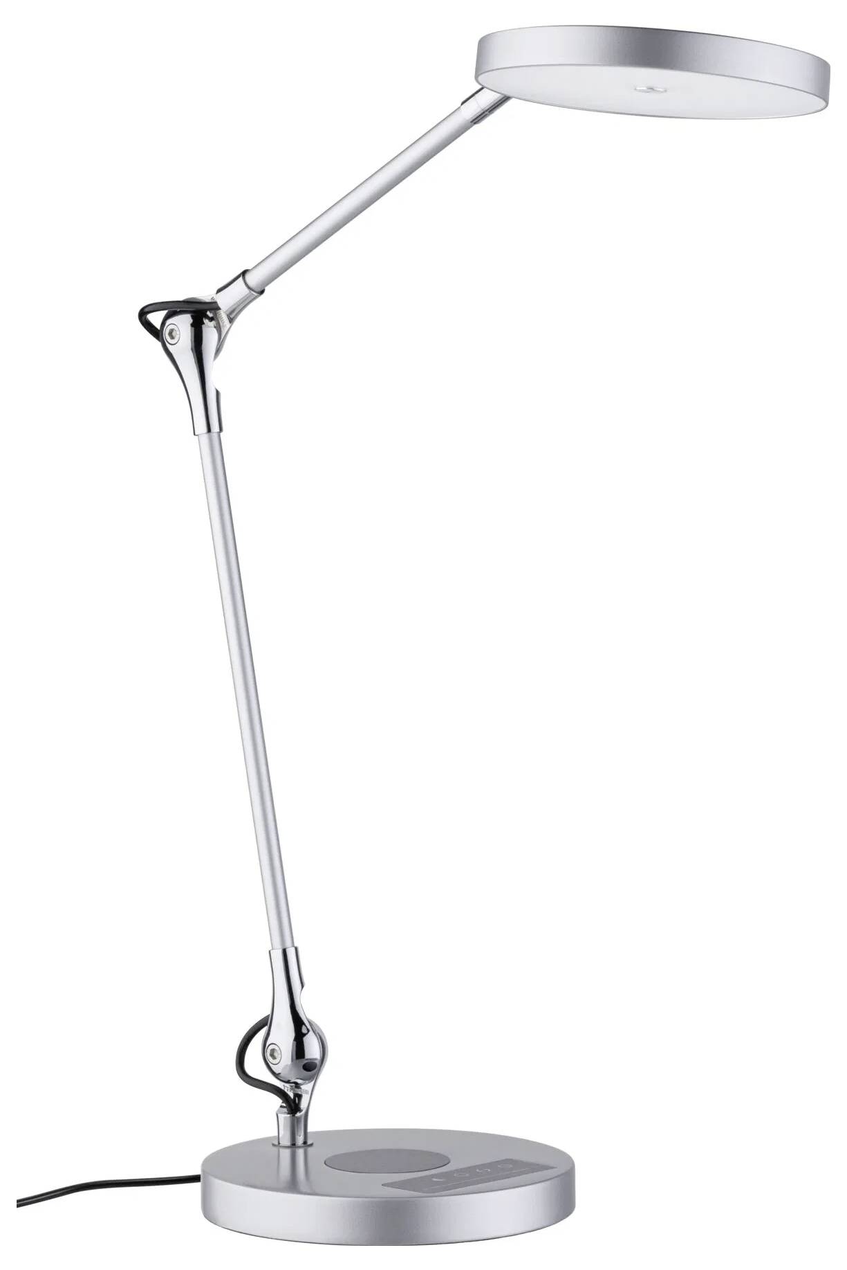 Srebrna, regulowana lampa biurkowa z okrągłą podstawą i głowicą, zaprojektowana do oświetlenia miejsca pracy, o nowoczesnym, minimalistycznym stylu.