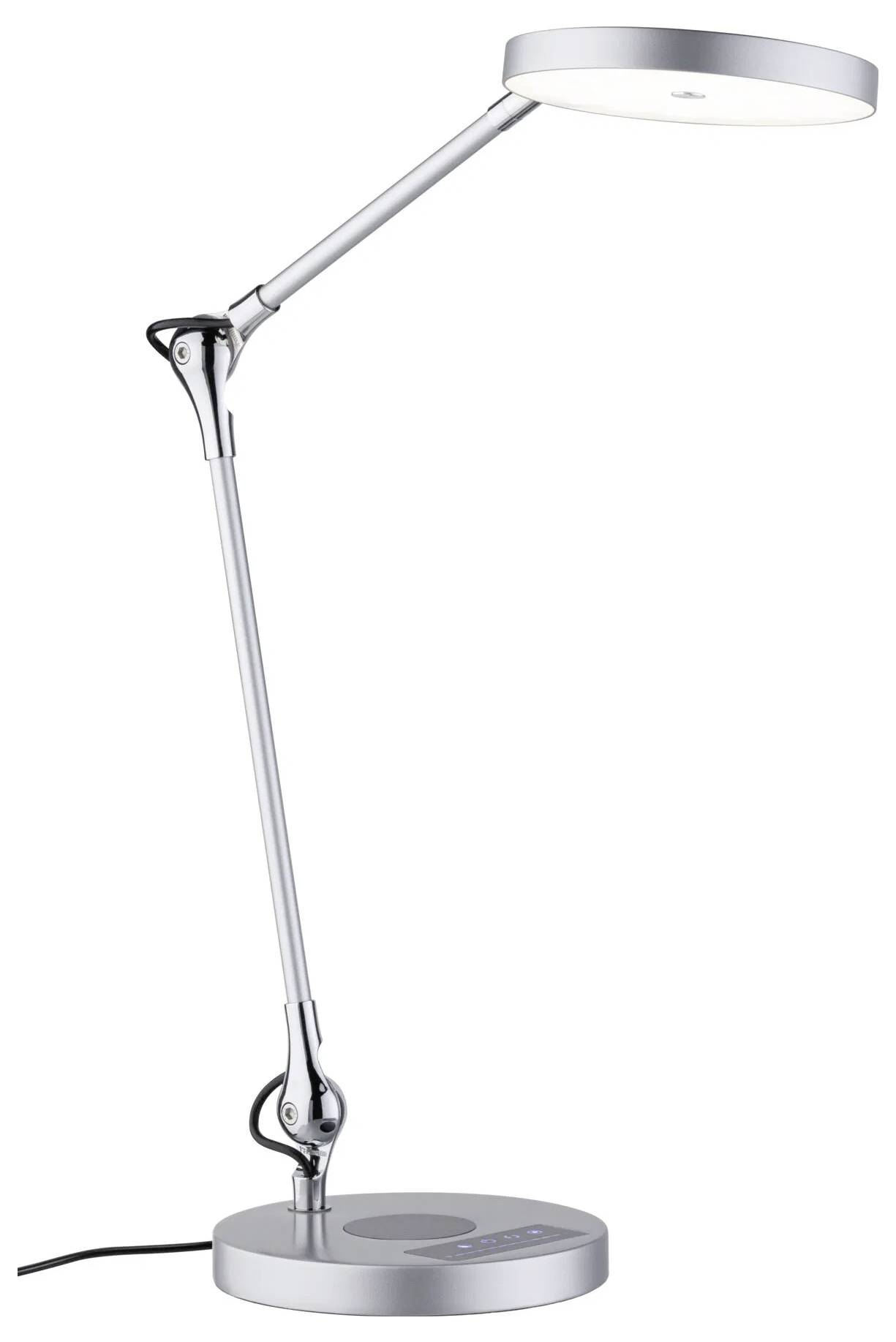 Nowoczesna srebrna lampa biurkowa z regulowanym ramieniem i okrągłą podstawą, zaprojektowana do wydajnego oświetlenia miejsca pracy.