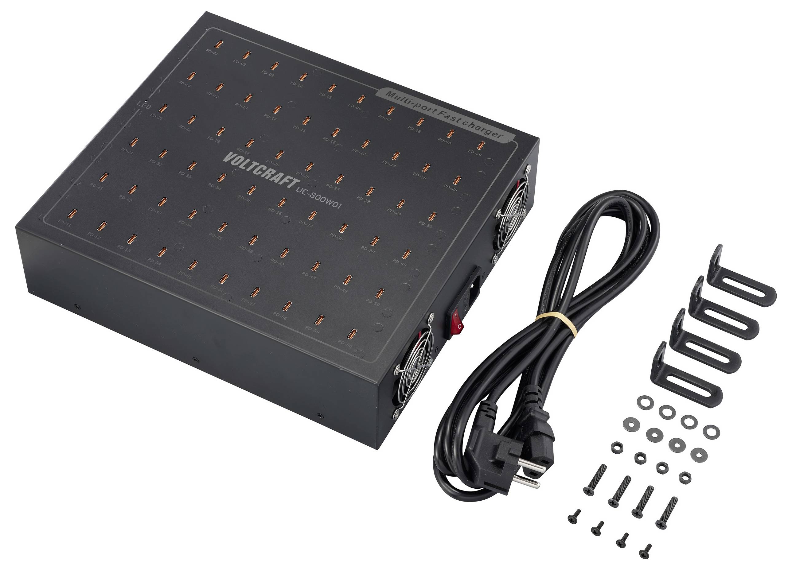 Zasilacz awaryjny UPS Voltcraft IEC-6810 z wieloma gniazdkami, przewodem zasilającym i akcesoriami montażowymi, przeznaczony do bezpiecznego podłączania urządzeń elektronicznych.