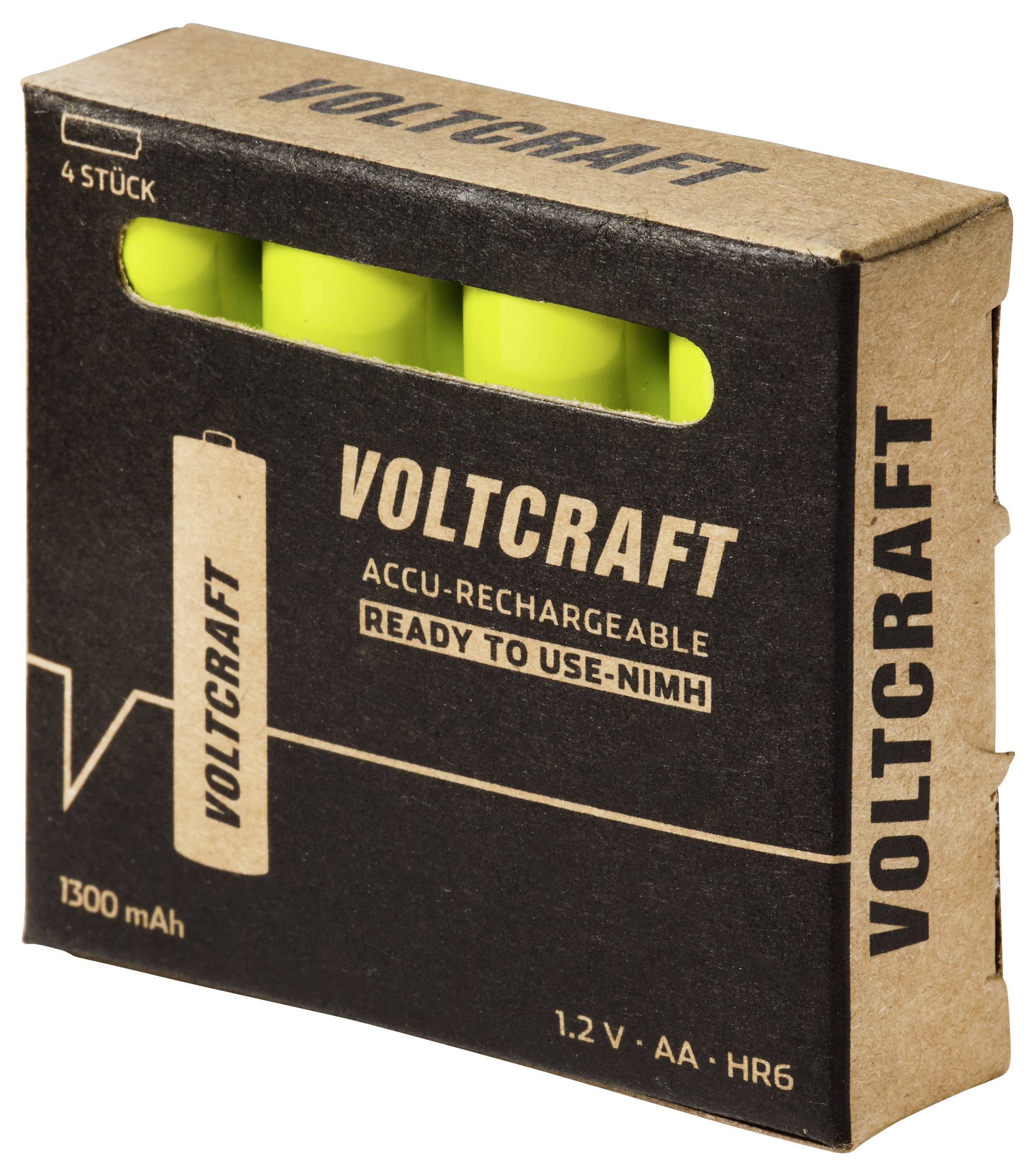 Baterie AA Voltcraft ładowalne w czarnym opakowaniu kartonowym z okienkiem pokazującym cztery żółte ogniwa, oznaczone 1800 mAh i 1,2 V HR6.
