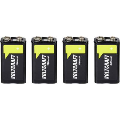Cztery baterie Volticraft 9V ustawione obok siebie, czarne z żółtymi wierzchołkami i etykietą „VOLTICRAFT 270 mAh".