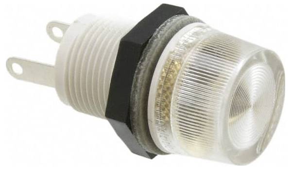 Biało-czarna lampka sygnalizacyjna z dwoma metalowymi stykami wystającymi z tyłu, przeznaczona do montażu na tablicy elektrycznej.