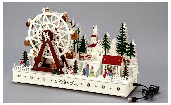 Dekoracyjny model sceny z kołem widokowym, z figurkami, drzewami i budynkami, przedstawiający świąteczną zimową wioskę z podłączonym kablem USB.