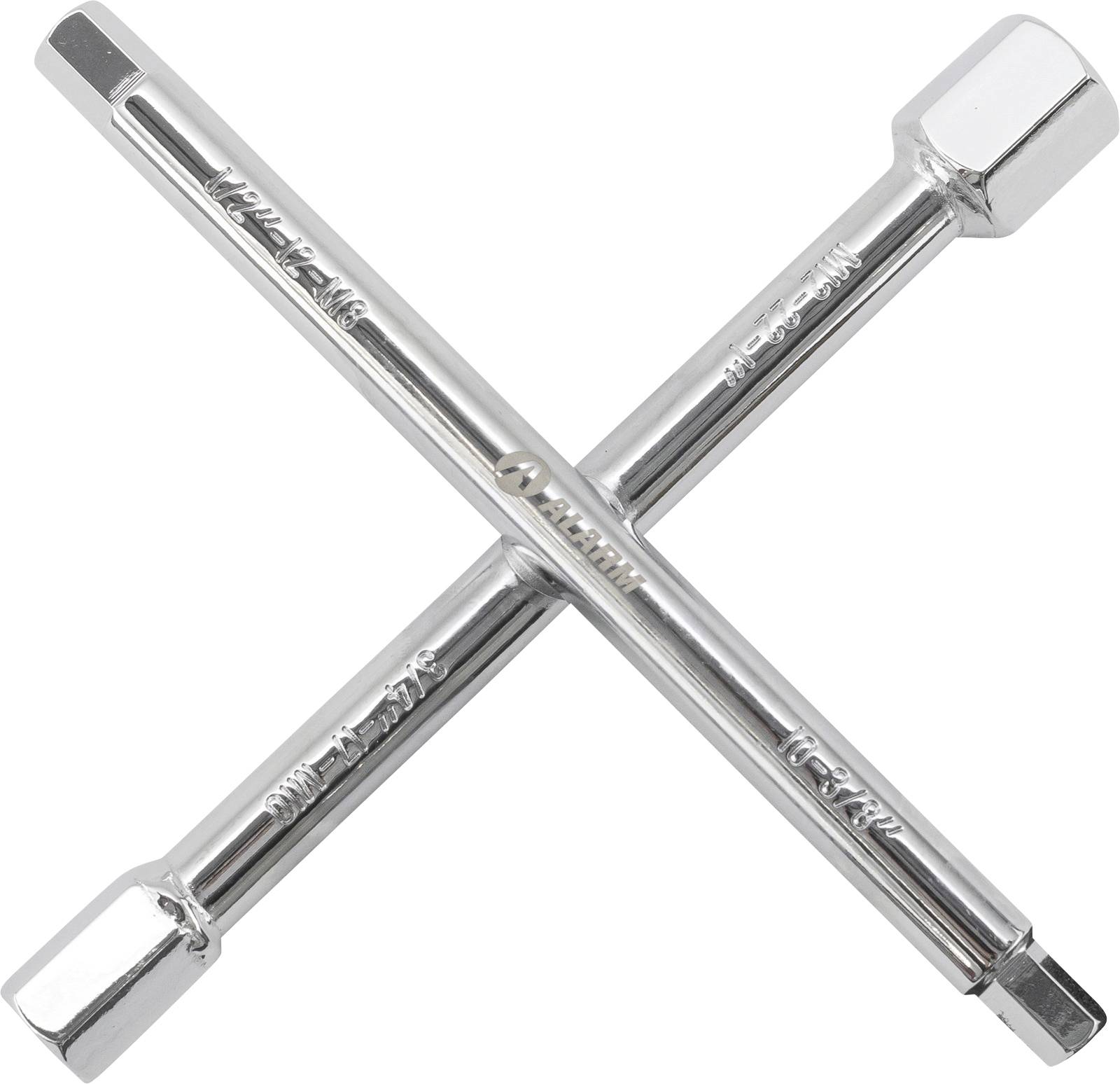 Klucz krzyżowy ze skrzyżowanymi dwiema metalowymi belkami, które przecinają się w centrum, przy czym każda belka posiada różnej wielkości gniazda na obu końcach, przeznaczone do dokręcania śrub.