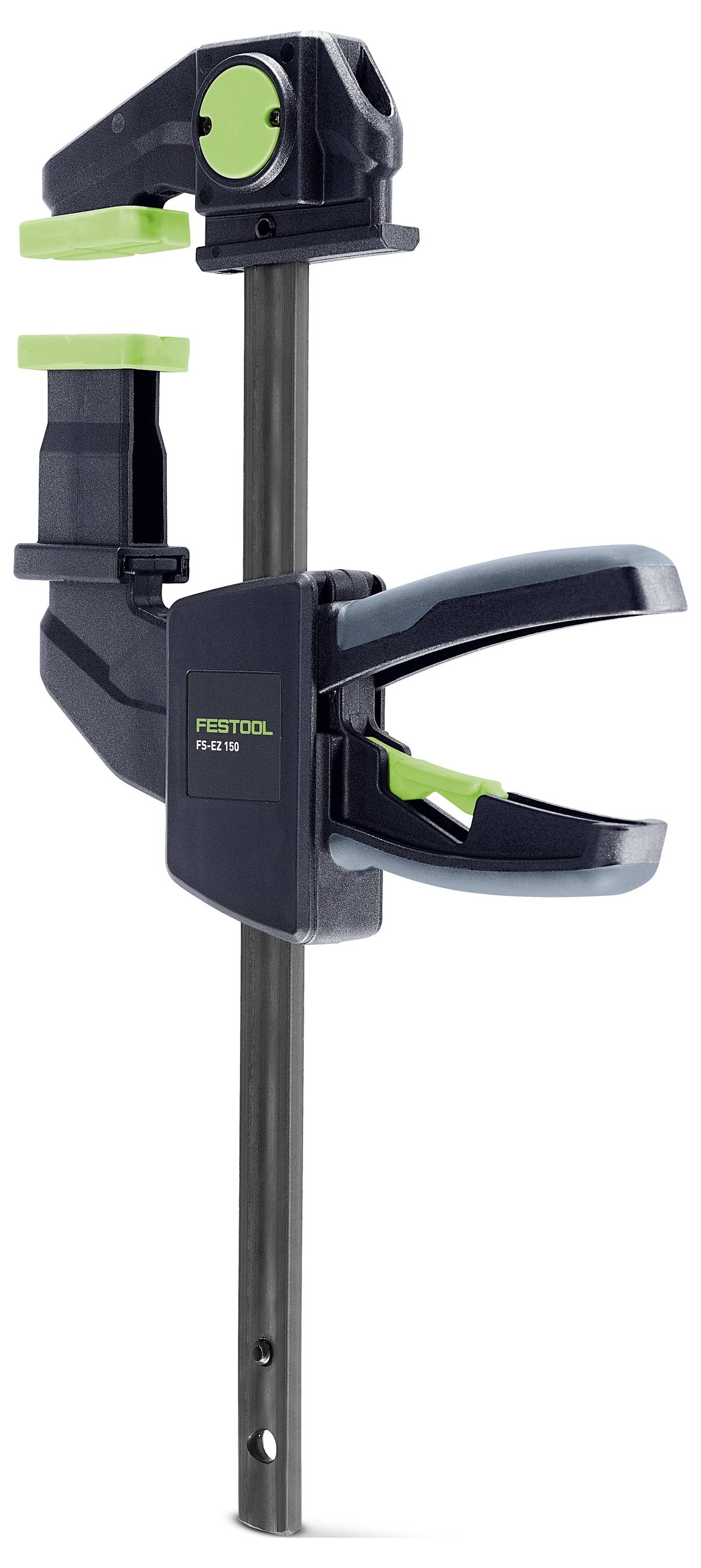 Czarno-zielony zacisk Festool FSZ 120 z przesuwną szczęką na metalowym pręcie, używany do zabezpieczania materiałów podczas prac stolarskich.