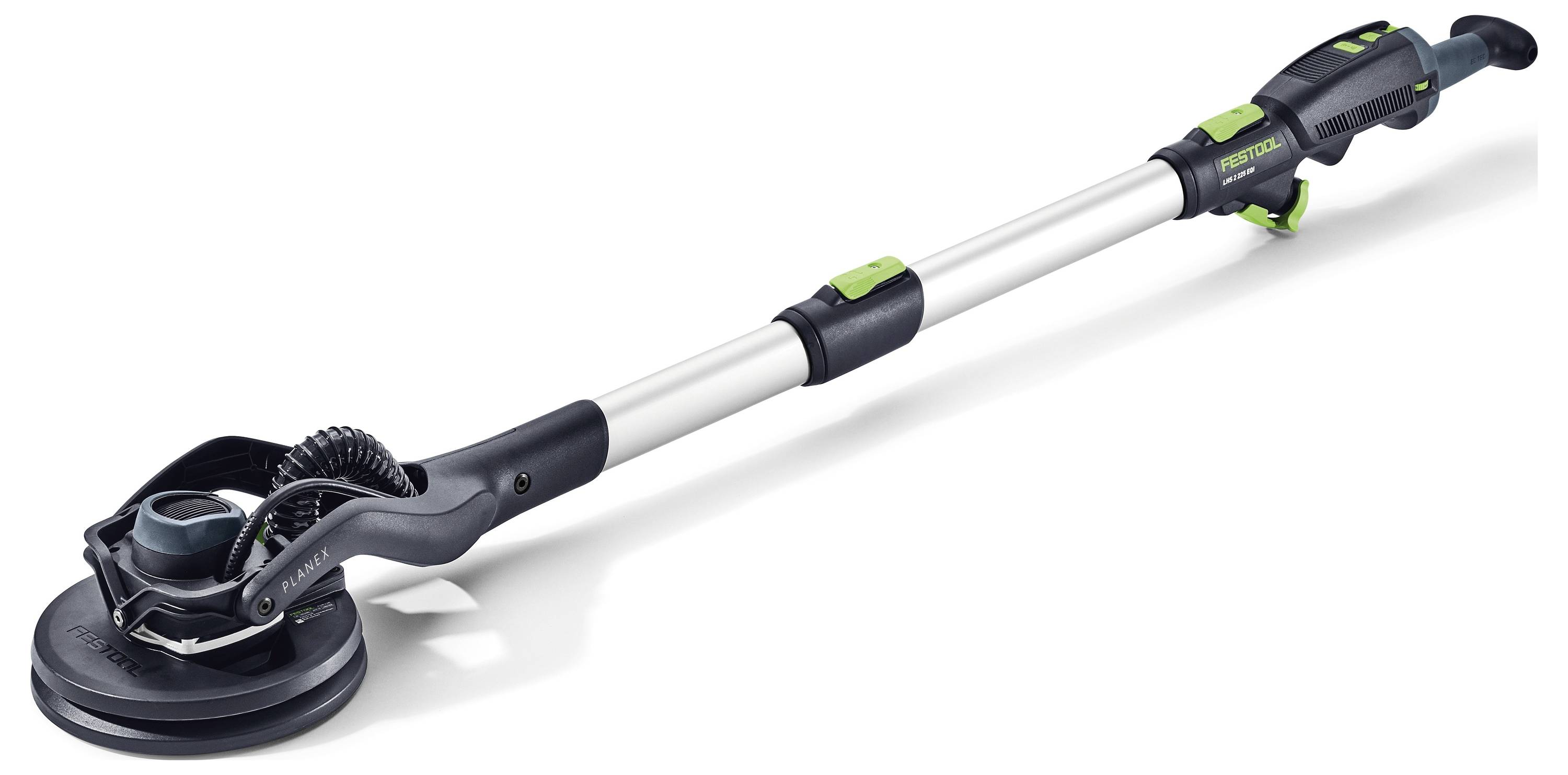 Elektryczna szlifierka do gipsu z wysuwną rączką, tarczą szlifierską i ergonomicznym uchwytem. Odpowiednia do wygładzania ścian i sufitów.