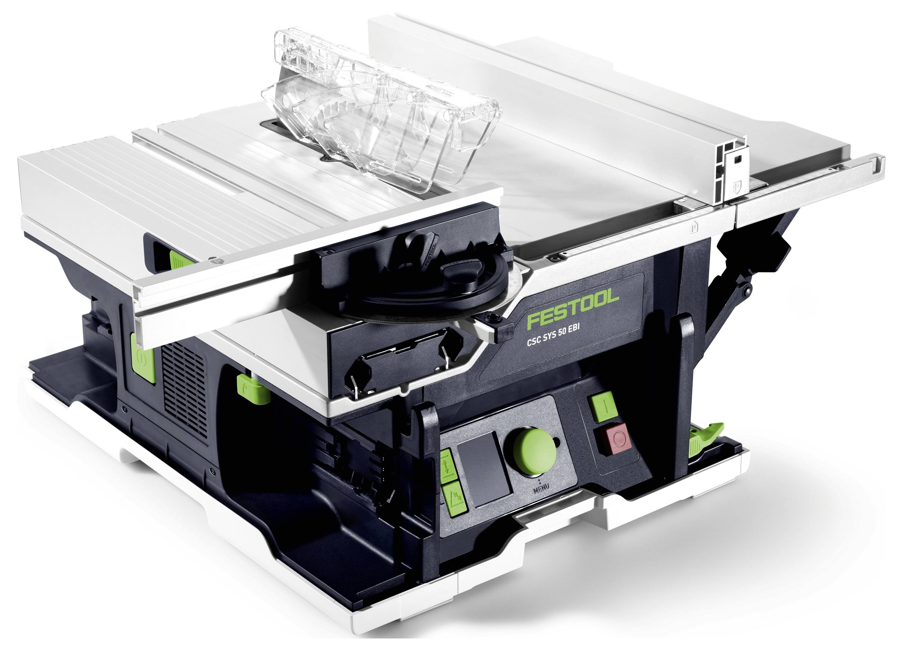 Kompaktowa, przenośna pilarka stołowa Festool z osłoną tarczy tnącej i regulowanymi wspornikami bocznymi, zaprojektowana do precyzyjnej obróbki drewna.