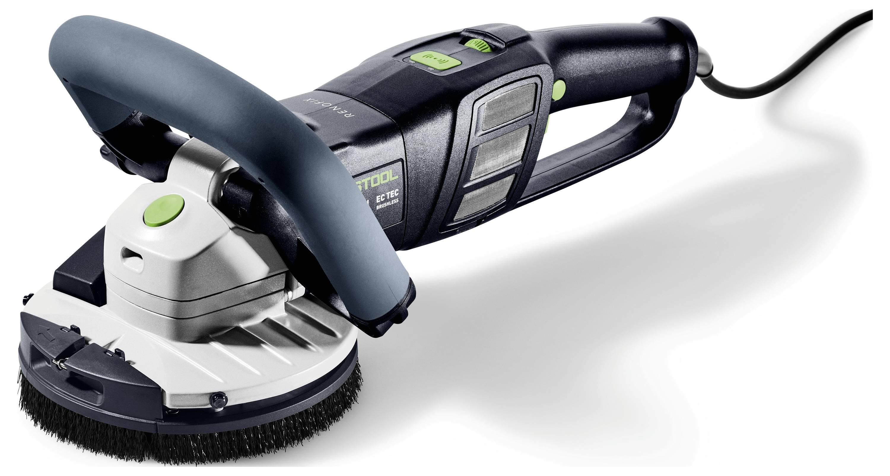 Elektryczna szlifierka powierzchniowa z okrągłą szczotką i ergonomicznym uchwytem, używana do szlifowania lub polerowania powierzchni. Wyposażona w przewód zasilający i uchwyt.