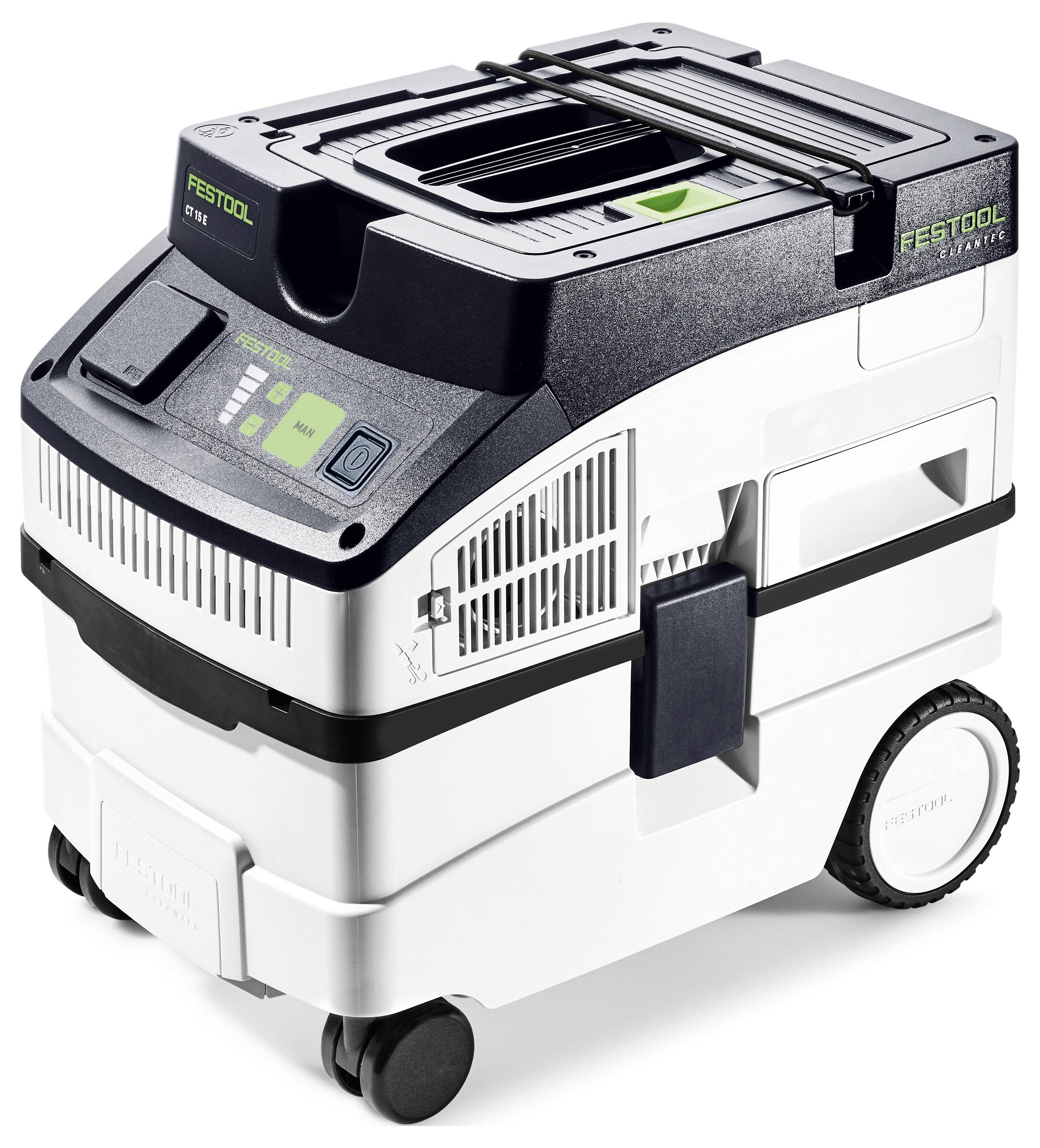 Przenośny ekstraktor pyłu marki Festool z kółkami, uchwytem i cyfrowym panelem wyświetlacza, zaprojektowany do wydajnego odpylania w warsztatach.