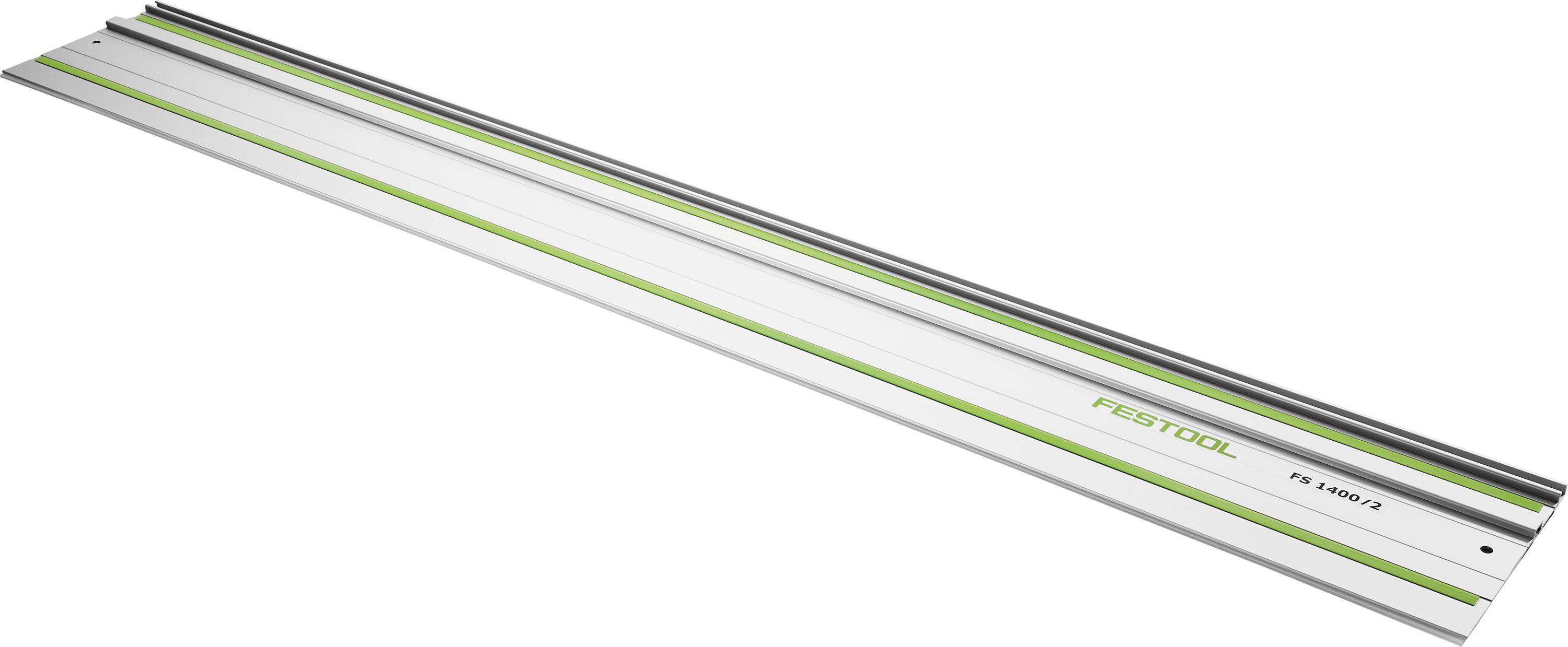 Metalowa szyna prowadząca z zieloskim paskiem, oznaczona jako 'FESTOOL FS 1400/2', używana do precyzyjnego cięcia w stolarstwie i budownictwie.