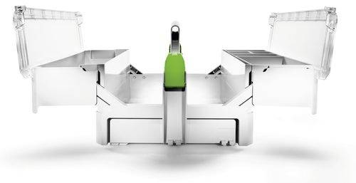 Modułowy biały pojemnik do przechowywania narzędzi z dwoma otwartymi schowkami bocznymi i zielonym uchwytem pośrodku, zaprojektowany z myślą o efektywnej organizacji.