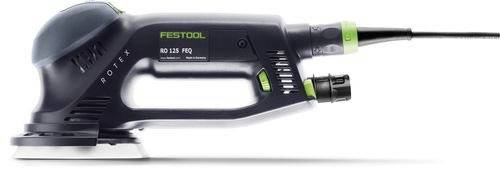 Szlifierka Festool ROTEX RO 125 FEQ o czarno-zielonym designie, posiada ergonomiczny uchwyt i jest zasilana przewodem elektrycznym.