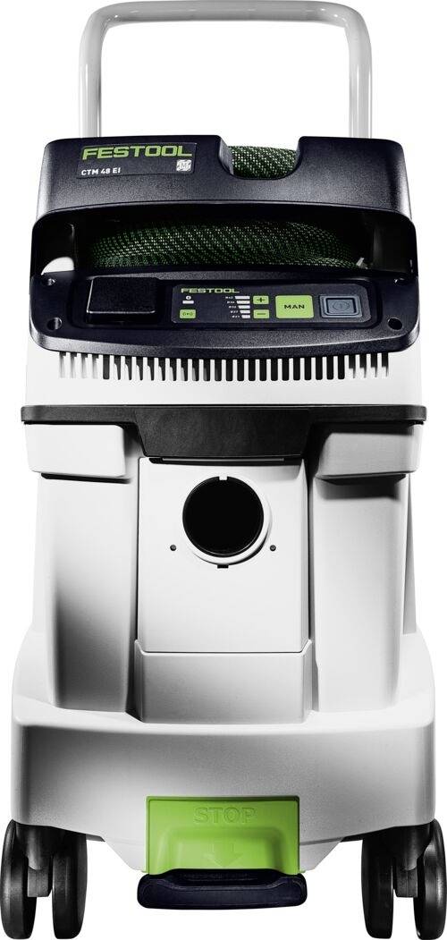 Przenośny odkurzacz Festool widoczny od przodu, wyposażony w kółka, panel sterowania oraz widoczną przestrzeń do przechowywania węża.