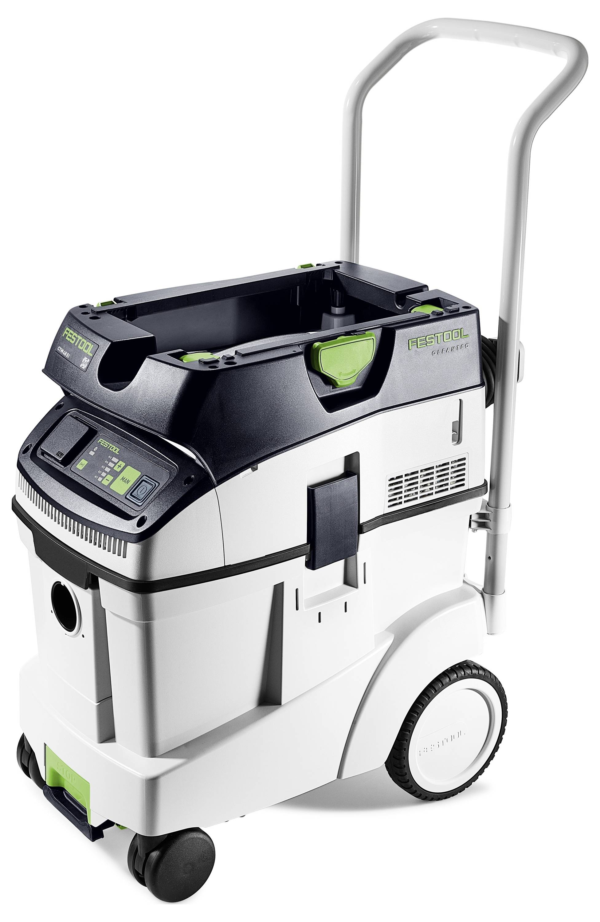 Przemysłowy odkurzacz w kolorach białym i czarnym z uchwytem, wyposażony w cyfrowe sterowanie oraz kompaktową, prostokątną bryłę zamontowaną na kółkach.