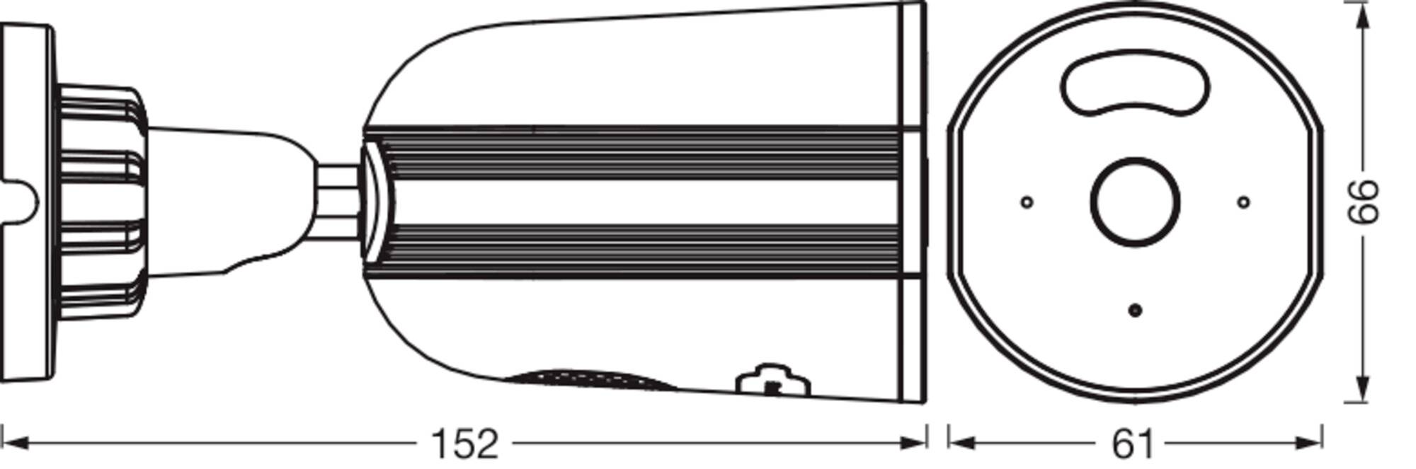 Rysunek techniczny kamery nadzoru cylindrycznej, przedstawiający widok z boku i z przodu z wymiarami: 152 mm długości, 66 mm średnicy.