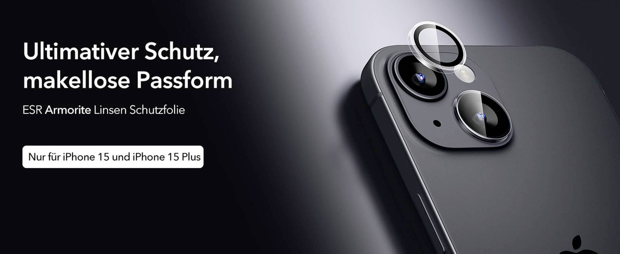 Obraz przedstawia smartfon z folią ochronną na obiektywie aparatu. Tekst: "Absolutna ochrona, idealne dopasowanie". Tylko dla iPhone 15 i iPhone 15 Plus.