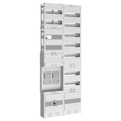 Panel elektryczny z wieloma wyłącznikami automatycznymi, przełącznikami i licznikami jest ustawiony pionowo, prezentujący różne sekcje zarządzania energią elektryczną.
