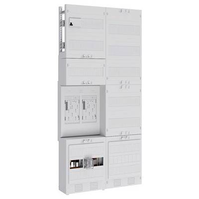Wysoki, biały panel elektryczny z wieloma sekcjami i przedziałami, niektóre otwarte, ukazujące elementy obwodów elektrycznych, stosowany do dystrybucji energii elektrycznej.