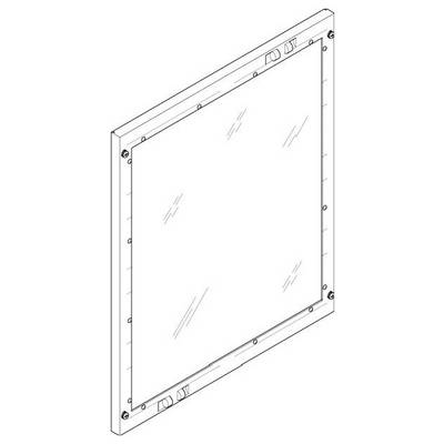 Diagram panelu w ramce w kształcie kwadratu, z śrubami wokół krawędzi, z czterema odblaskowymi powierzchniami wskazującymi na płaskie, połyskliwe wykończenie.