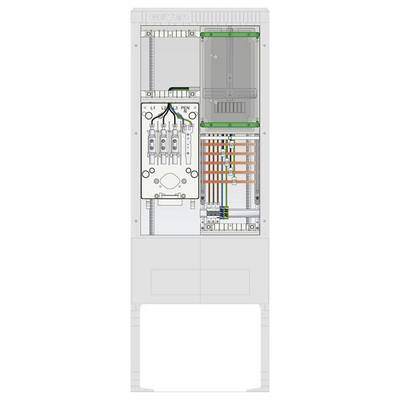Pionowy panel elektryczny z oznaczonymi komponentami, przewody w różnych kolorach podłączone do zacisków oznaczonych L1, L2, L3, N i PE.