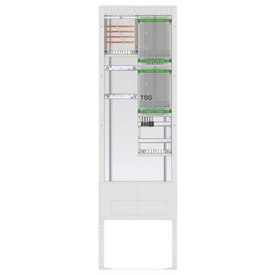 Techniczna ilustracja rozdzielnicy elektrycznej z różnymi oznaczonymi elementami, w tym połączeniami i wyłącznikami różnicowo-prądowymi.