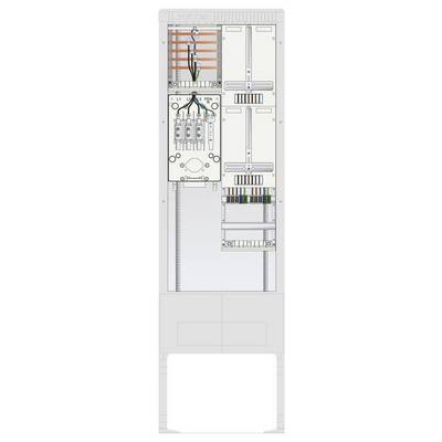 Wnętrze szafy elektrycznej przedstawiające okablowanie, zaciski i obwody do zarządzania systemem, z przewodami ułożonymi schludnie w oznakowanych sekcjach.
