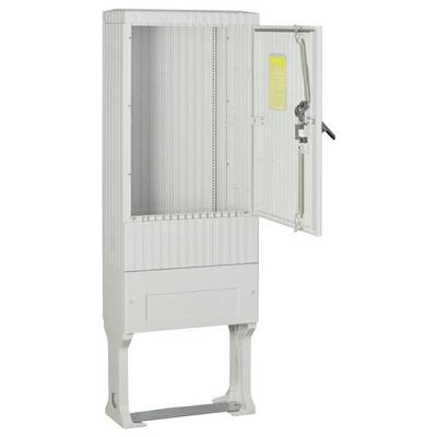 Otwarta biała elektryczna skrzynka rozdzielcza z uchylnymi drzwiczkami, ukazująca pustą przestrzeń wewnętrzną. Na drzwiczkach widoczna jest metalowa zatrzaśnięta klamka.