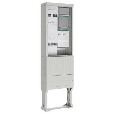 Wysoki, pionowy elektryczny rozdzielnik elektryczny z otwartymi szarymi drzwiczkami szafki, ukazujący wewnątrz liczne komory i gniazda przewodów.