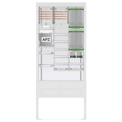 Diagram szafy serwerowej z oznaczonymi komponentami, w tym 'APZ'. Układ przedstawia różne sekcje dla kabli i modułów elektronicznych.