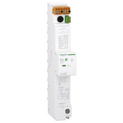 Białe urządzenie elektryczne firmy Schneider Electric z pomarańczowymi zaciskami, wieloma przełącznikami i oznaczonymi połączeniami, typowo stosowane w systemach elektrycznych.