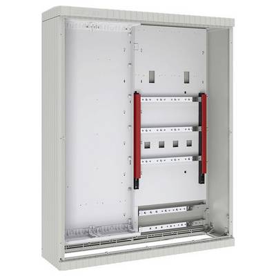 Duża, pusta szafa elektryczna o metalowej konstrukcji i czerwonych pionowych słupkach wewnątrz, przeznaczona do instalacji komponentów elektrycznych.
