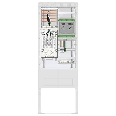 Panel elektryczny z oznaczonymi komponentami, w tym kablami, wyłącznikami automatycznymi i dwoma jednostkami oznaczonymi OKK. Przewody są pokolorowane dla identyfikacji faz.
